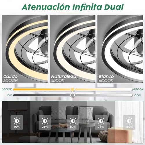 Airwit Modernas Ventilador de Techo Silencioso con Luz y Mando, 48cm Regulable Lampara Ventilador Techo Sin Aspas, 6 Velocidades, Ventilador Techo con Reversible Motor DC para Dormitorio, Salon - imagen 6