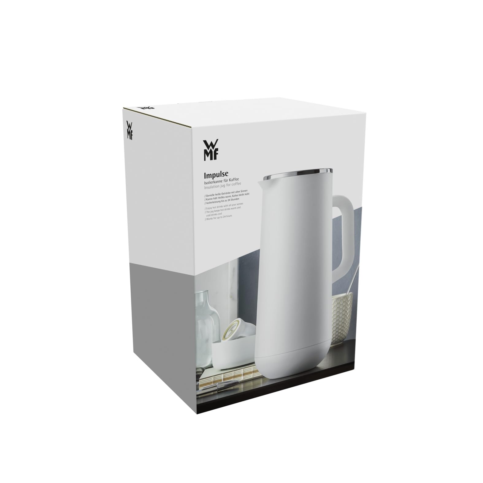 WMF Impulse Thermoskanne 1l, Isolierkanne für Kaffee oder Tee, Drehverschluss, hält Getränke 24h kalt und warm, Thermoskanne für Kaffee oder Tee, weiß