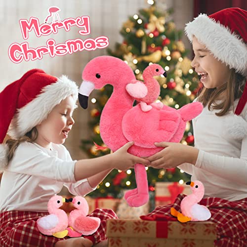 MorisMos 45cm sitzend Plüsch Flamingo mit 4 Baby im Bauch, Rosa Süß Kuschelig Flamingon Plüschtier Stofftier, Weich Spielzeug Dekokissen Geburtstag Themeparty Weihnachten Geschenk