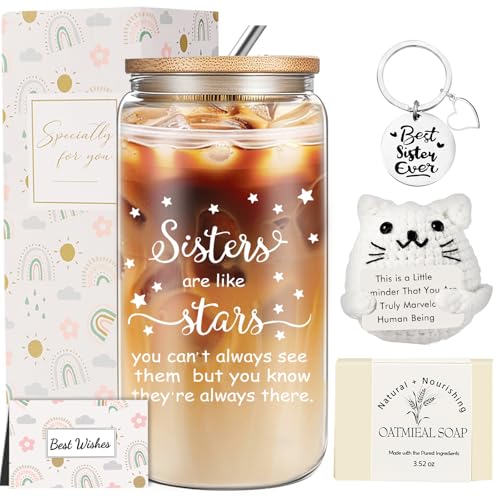 50% Off Sister Birthday Gift Set with Glass Cup & Crochet Cat