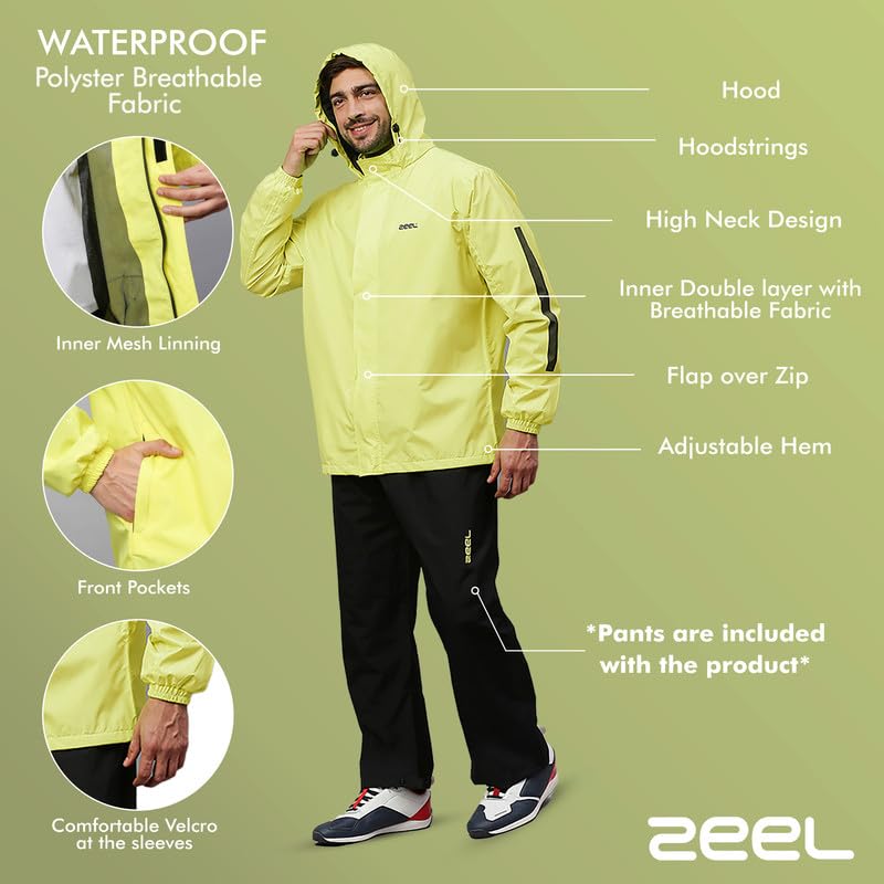 Image of ZEEL Rain Coat for Men Waterproof for Bike Riders with Adjustable Hood and Pocket,Waterproof Raincoat with Polyester Jacket, Pants and Carrying Pouch,AZ18