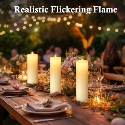Image of 4 Pack 14 inch x 4 inch Large Outdoor Candles, Waterproof Flickering LED Flameless Candles with Timer, Battery Operated Candles with Remote Control Realistic Fake Pillar for Patio Porch Lanterns, Ivory