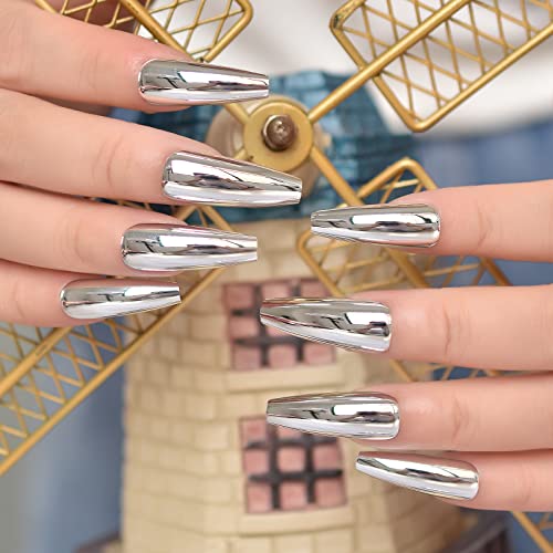 Super Long Shiny Punk Style Silver Coffin Ballerina Press On False Nails Metallic Acrylic Nails Reflective Mirror Nail Art Tips For Party Show #TOP1
