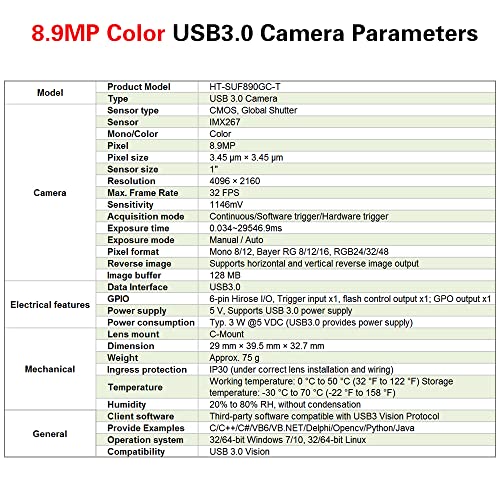 Image of USB3.0 Machine Vision Industrial Camera 8.9MP Color | HT-SUF890GC-T Area Scan Sensor 1 inch Global Shutter C-Mouth Supports Windows and Linux SDK 4096x2160 32fps