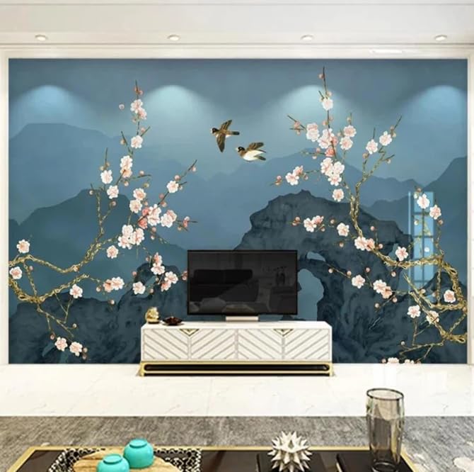 Papier peint panoramique 3D fleurs et oiseaux pour salon et chambre - 250x175 cm