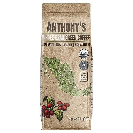 Anthony's Organic Unroasted Whole Green Coffee Beans, 2lbs, Mexican Altura Arabica Beans, Raw, Batch Tested and Gluten Free