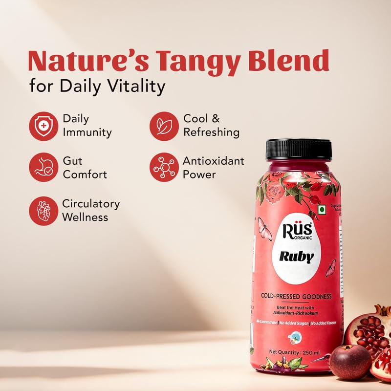 Image of Rus Organic Ruby Juice | Pomegranate Fruit + Kokum Juice Without Sugar | Pack of 6 (250ml Each) | Natural, No Added Preservative | Cold Pressed | Immunity Support