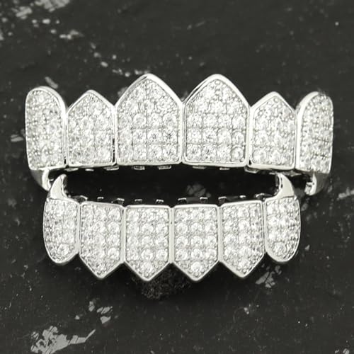 Grillz de diamante de gelo de zircônia banhada a ouro com pedras cúbicas banhadas a ouro - Conjunto