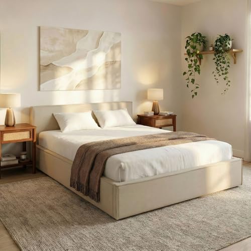 IDIMEX Polsterbett Pesaro 160x200 cm, Beige – modernes Doppelbett mit Lattenrost, Stoffbezug aus 100% Polyester in Leinen Optik, mit Kopfteil für Schalfzimmer