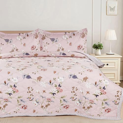 Image of Amazon Brand - Umi 100% Cotton Quilted /Ultrasonic 280 Tc Printed King Size Soft Bed Cover /Bedsheet /Bedspread Comforter with 2 Pillow Shams /Cover, (Luxurious, 90 x100 inches, Pink & Beige & White)