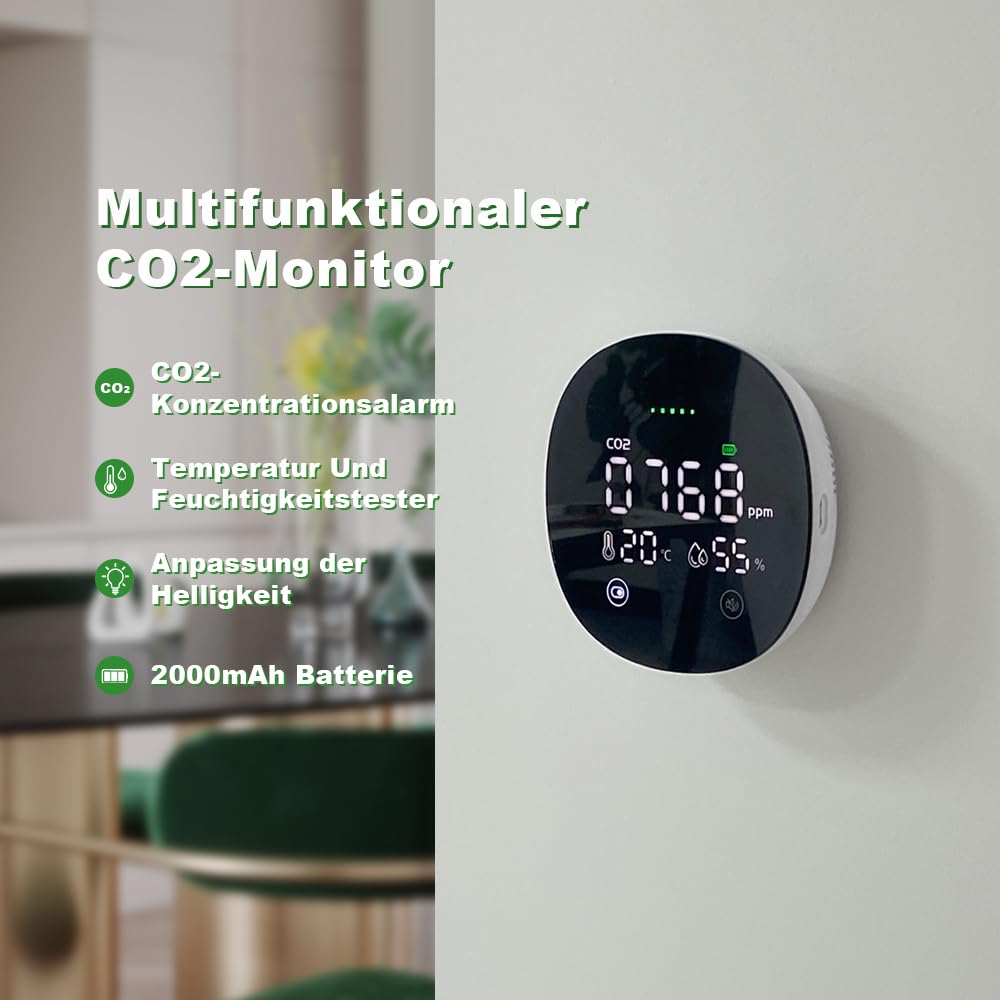 CO2 Meter Messgerät Raumluft, CO2 Melder Testsieger Mit Temperatur Und Feuchtigkeitstester, Kohlendioxid Melder Mit Helligkeit, Raumluftmessgerät Mit Tonalarm