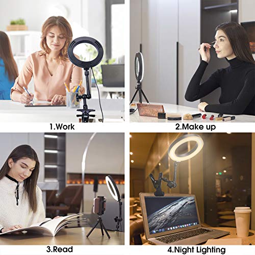 Lusweimi Ring Light for Laptop Computer Video Conferencing with Clip&Overhead Tripod, LED Selfie 6\" Webcam Light with Magic Arm&Phone Holder for iPhone/Zoom Meeting/Video Recording/YouTube/TIK Tok