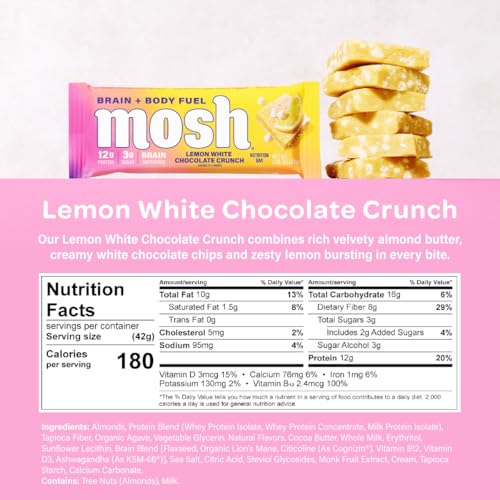 MOSH Variety Pack Keto Protein Bars, High Fiber, Low Carb, Gluten Free, High Protein, Brain Healthy Snack with Ashwagandha, Lion's Mane, 6 Count