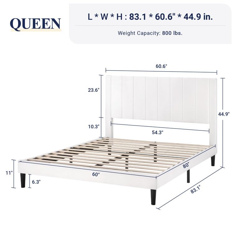 Image of HITHOS Modern Upholstered King Size Bed with Wingback Headboard | Wooden Double Bed Cot Palang Without Storage for Living Room Home Bedroom (White) 1 Year Warranty