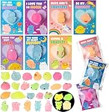 Großer Wert Paket: Enthält 28pcs verschiedene niedliche Mochi Spielzeug mit 28pcs Grußkarten (7 Designs Karten), reichlich in der Menge und Vielfalt der Stile, um Ihre verschiedenen Bedürfnisse zu erfüllen, um mit Freunden oder Klassenkameraden auf Valentinstag Partei zu teilen.