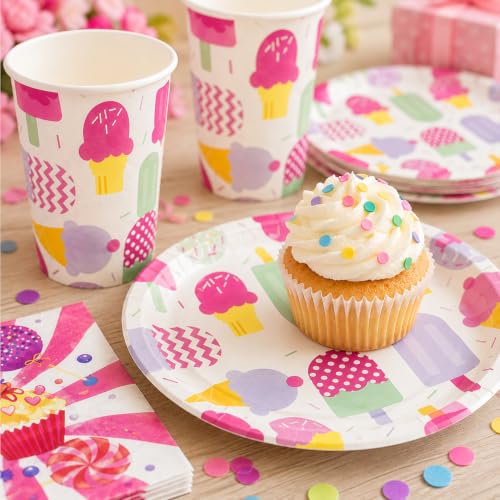 Image of Rozi Decoration 30 Pcs Ice Cream & Candy Theme Party Supplies - Includes 10 Dessert Plates, 10 Paper Cups, 10 Napkins - Fun & Colorful Birthday Party Tableware Set | Ice Cream Theme Birthday Supplies