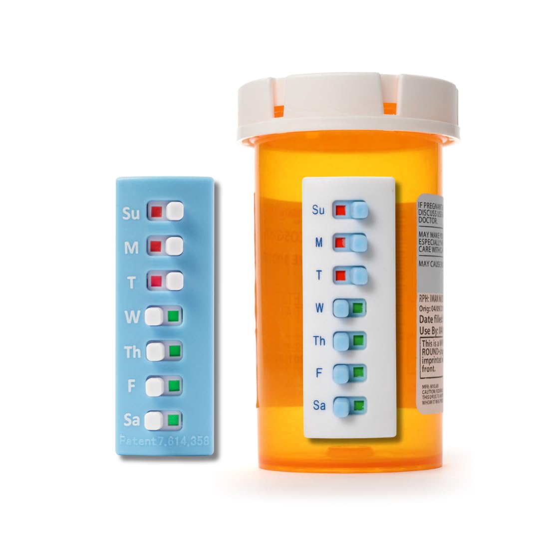 Take‑n‑Slide Peel and Stick Reusable for 12 + Refills, Pill/Medication/Vitamin/Pet Med Tracker & Reminder, Attach to Your Bottle, Organizer-Free, Curved‑Back, White & Blue (2-Pack, 1 Each)