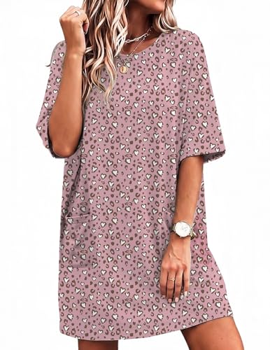 Image of Ekouaer Sleep Shirts for Women Nightgown Short Sleeves T shirt Night Dress Round Neck Womans Nightgown with Pocket S-XXL