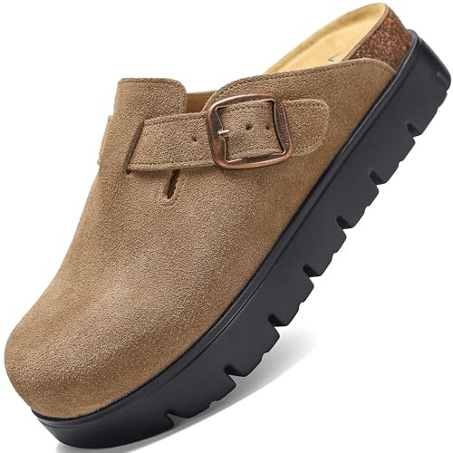 Image of Women's Suede Platform Clogs Leather Mules Slip On Indoor Outdoor Shoes | Arch Support, Cork Footbed, Adjustable Buckle,Water Resistant Upper,All Day Comfort
