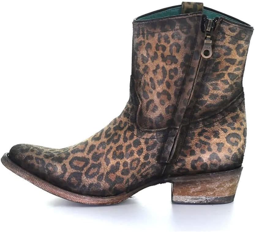 CORRAL Women's Western Style Cowgirl Round Toe Leopard Print Suede Leather Zipper Ankle Boots