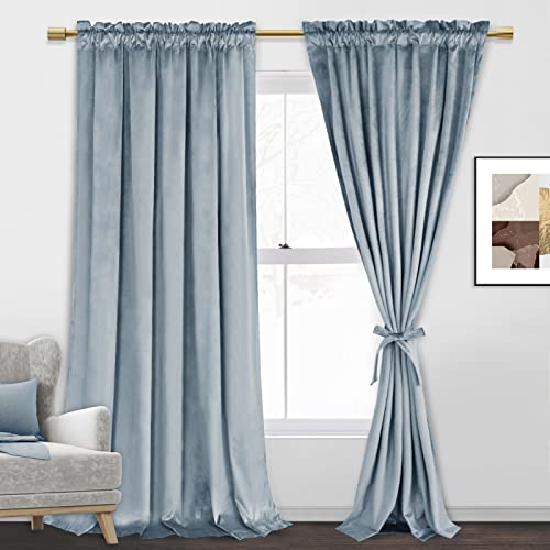 Jiuzhen Velvet Curtains 84 Inch Long–Soft Retro Velvet Blackout Thermal Insulated & Noise Reducing Rod Pocket Curtains For Living Room, 60 X 84 Inches, 2 Panels With Tiebacks,Stone Blue #TOP4