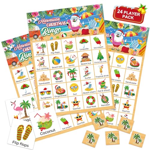 Liliful 35 Pcs Hawaiian Christmas Bingo 24 Players Summer Christmas Party Games Tropical Hawaii Bingo Cards for Kids Adults Family Classroom Activities Beach Pool July Holiday Party Favors Supplies