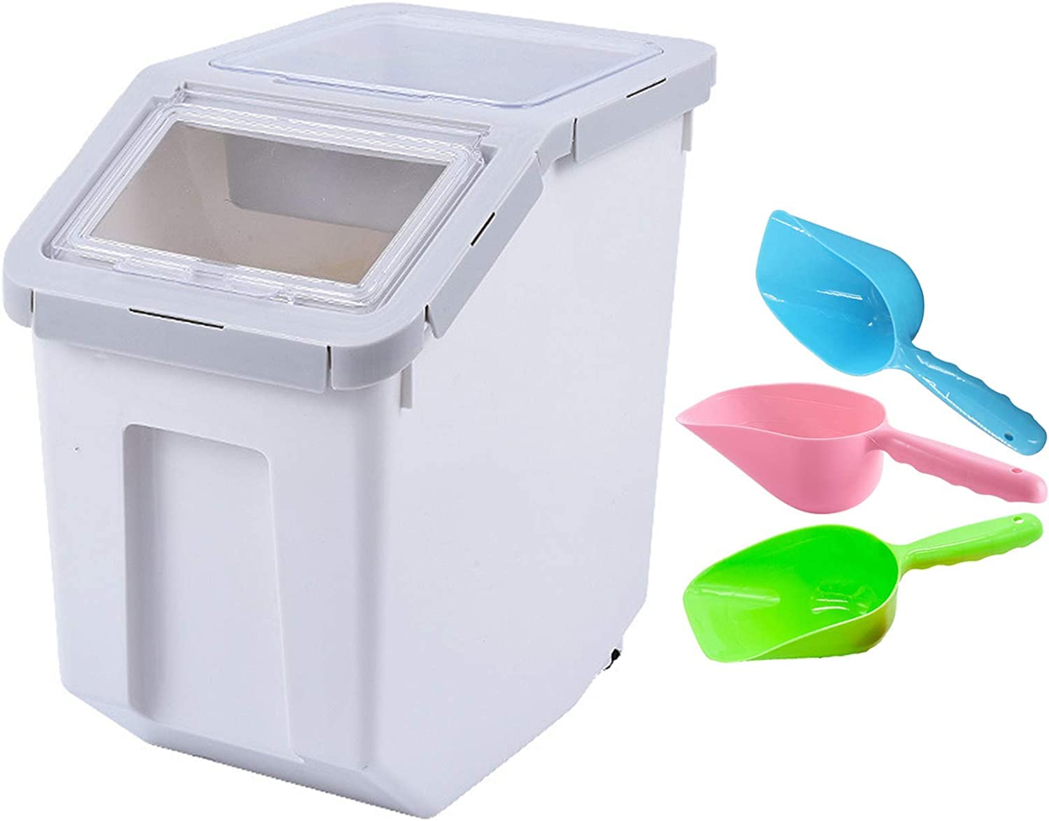 Contenedor de almacenamiento de alimentos de plástico de 10 kg con tapa y ruedas, organizador grande hermético para mascotas y cocina para perros y gatos, harina, cereales, incluye taza