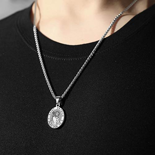 P. BLAKE Oval Saint Christopher/Michael/Joseph/Jude/Virgin Mary/Joseph/Francis/Patrick/Anthony/Benedict/Thomas Necklace for Men Women, Stainless Steel Catholic Patron Pendant with Chain 24 Inches