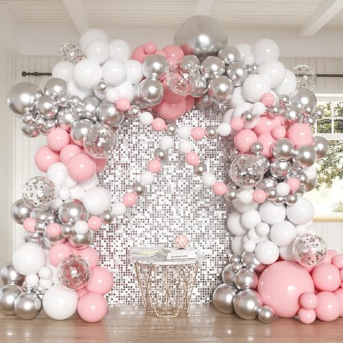 Pink White Silver Balloons Arch Kit 162pcs Winter Wonderland Garland with Pastel Pink White Metallic Silver and Confetti Balloons for Wedding Princess Snowflake Theme Birthday Party Decorations