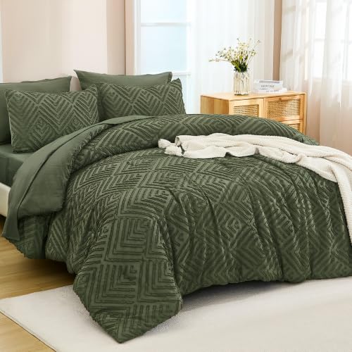 Image of Andency Queen Comforter Set Olive Green - 7 Pieces Bed in a Bag Queen Boho Olive Green Bedding Comforter Sets, Tufted Bed Set with Comforter, Sheets, Pillowcases & Shams