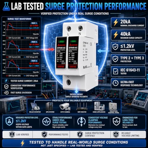 Image of Surge Protector 2 Pole T2+T3, Fine-Level Type 3 Surge Protection, Safeguards Sensitive Electronics, Residual Lightning & Power Surge Safety Device (AC /T1+T2 4POLE WIHT Mount)