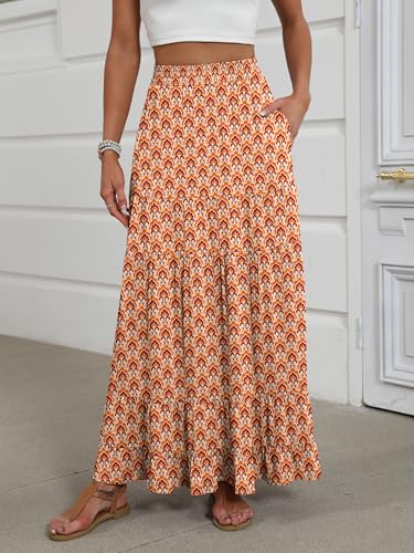 Image of ANRABESS Womens Maxi Skirt Elastic High Waist Swing Tiered A-line Flowy Pleated Boho Beach Vacation Long Skirts