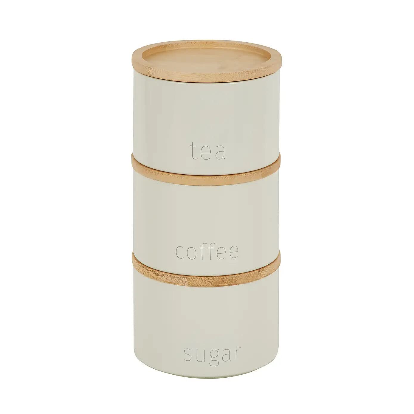 Bloomingtons Direct Cream 3- Piece Stacking Metal Canisters Tea Coffee And Sugar Space Saving Stackable Canisters With Wooden Lids Kitchen Storage Jars