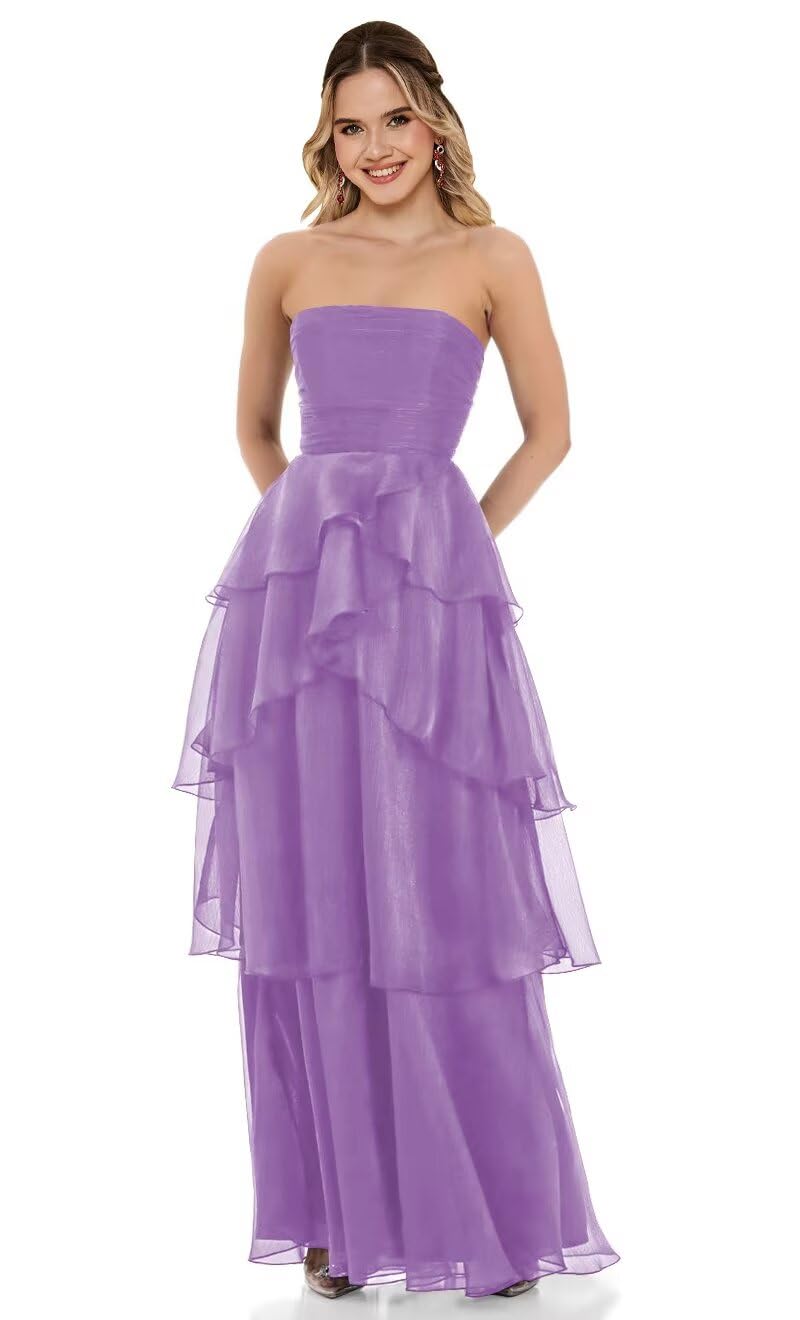 Strapless Tulle Prom Dress for Women Pleated Long Tiered Ruffle Sleeveless A Line Ruched Formal Evening Ball Gown