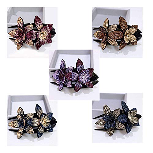 5 Pcs Rhinestone Double Flower Hair Clip, Fashion Women's Hair Pin Elegant Bride Wedding Crystal Hairpin, Ponytail Hair Holders Styling Accessory Female