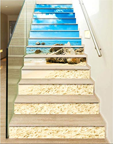 Misssixty 13Pcs/Set 3D Self-Adhesive Stair Risers Stickers Vinyl Staircase Stickers Stairway Decal Mural Wallpaper Home Decor 39.3 Inch X7.08 Inch (Blue Sea And Sky) #TOP3