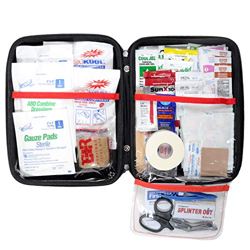 MFASCO Outdoor First Aid Kit, Red Bag, Bug Wipes, Moleskin, Athletic Tape, for Camping, Sports, Family, Packed in EVA Soft Bag with Handle, Won't Crack Like Plastic, Compact Size - 100 pcs 10