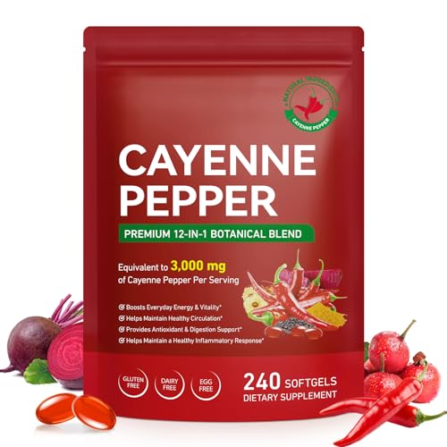 Cayenne Pepper Softgels Supplement | 12-in-1 3000mg per Serving with Vitamins D3, K2 & E | Supports Healthy Circulation & Daily Energy | Features Hawthorn, Beetroot & Turmeric | 240 Capsules