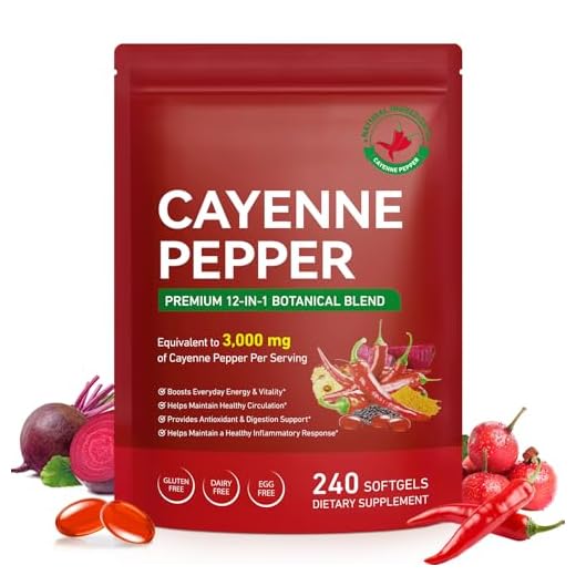 Cayenne Pepper Softgels Supplement | 12-in-1 per Serving with Vitamins D3, K2 & E | Supports Healthy Circulation & Daily Energy | Features Hawthorn, Beetroot & Turmeric | 240 Capsules