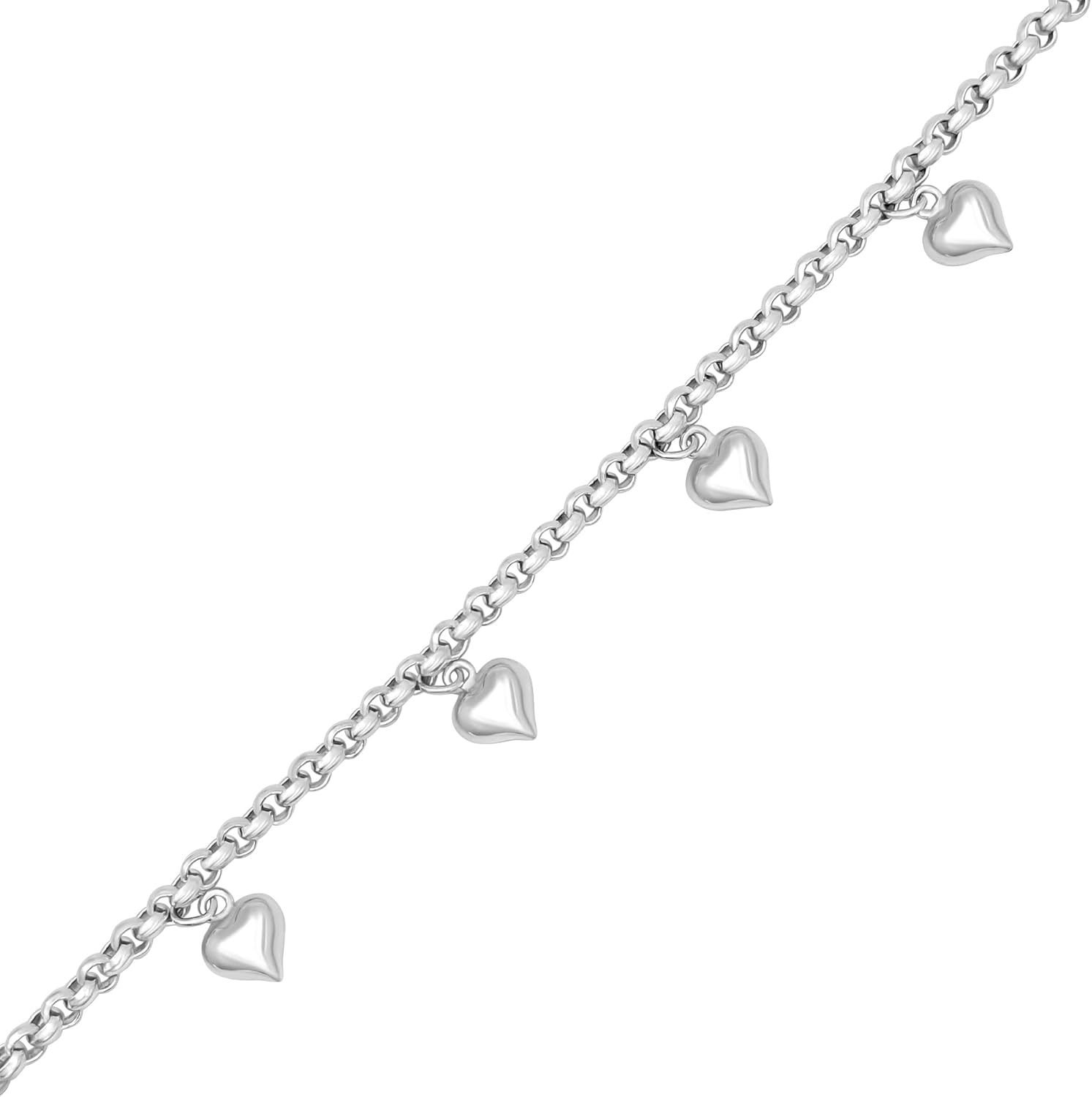 Silverly Sterling Silver Chunky Rolo Chain Bracelet With Puffed Heart Charms - Hanging Charm Bracelets for Women - Valentine's Day Gift for Her - Bridal Jewelry - Thick Chain Design - Image 2