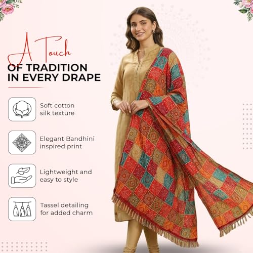 Image of Traditional Bandhini Printed Cotton Silk Dupatta, Multicolour, 2.25 x 0.9 Metres, Polka Dot Pattern