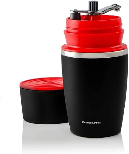 Ovente Mini molinillo manual de granos de café y hierbas con rebaba de cerámica, taza de acero inoxidable aislada de 10.8 onzas con filtro de goteo,