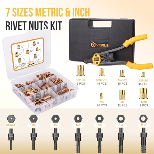 VIGRUE 14'' Rivet Nut Tool Hand Rivet Tool Kits with 7PCS Metric & Inch Mandrels and 150PCS Metric & SAE Rivet Nuts Assortment and Rugged Carrying Case