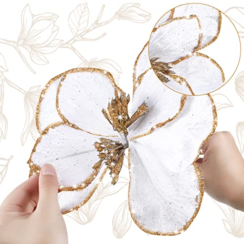12 Pieces Magnolia Flower Ornaments Christmas Glitter Poinsettia Flowers Magnolia Artificial Faux Flowers Decorative Christmas Flowers For Christmas Tree Flower Decorations Wedding Centerpiece (White) #TOP2