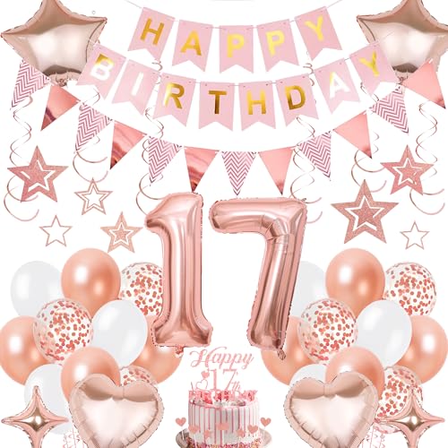 Xietaea Deko 17 Geburtstag Mädchen Rosegold - 17 Jahre Geburtstagsdeko mit Luftballons Happy Birthday Girlande Tortendeko Zahl Ballons und Hängende Wirbel für 17. Geburtstagsfeier Dekoration