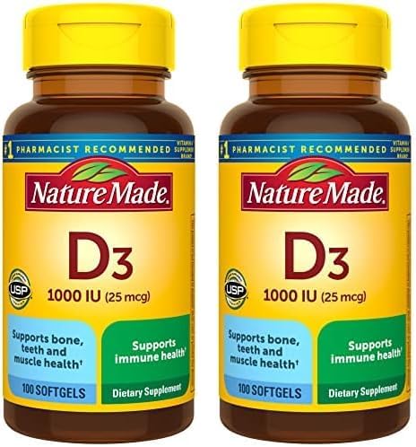 Nature Made Vitamina D3 1000 UI (25 mcg), suplemento dietético para huesos, dientes, músculo e inmunidad, apoyo a la salud inmunológica, 100