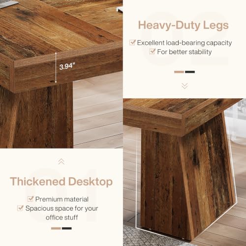 Image of Tribesigns 55-Inch Executive Desk, Thick Wood Office Computer Desk with Double Pedestal, Modern Minimalist Workstations Writing Table Conference Table Furniture for Home Office, Walnut Finish