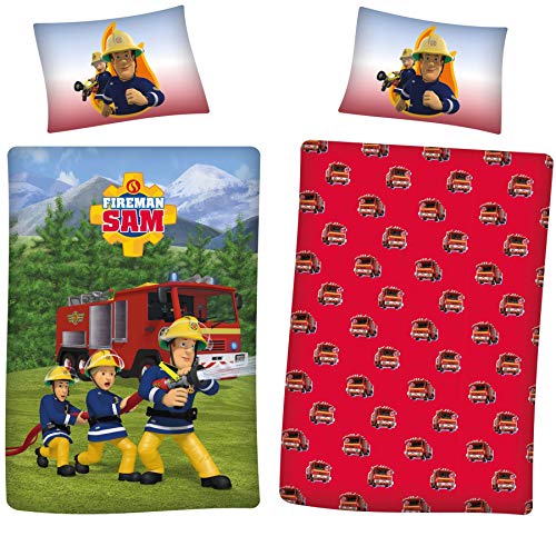 Juego de funda nórdica reversible FIREMAN SAM para niños y niñas 2 en 1 diseños 100% algodón suave lino juego azul/rojo (Fireman Sam, individual)