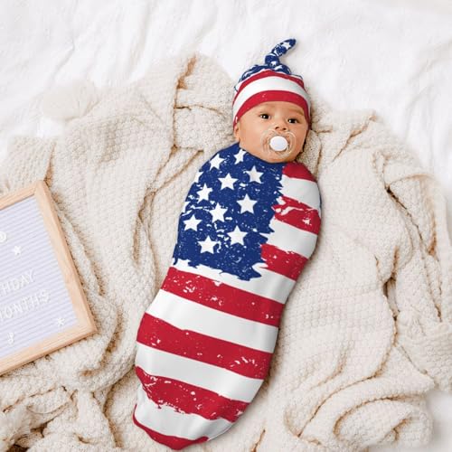 Image of American Flag Newborn Swaddle Blankets Baby Stuff Soft Swaddling Blanket With Beanie Sets Gifts For Infant Boys Girls