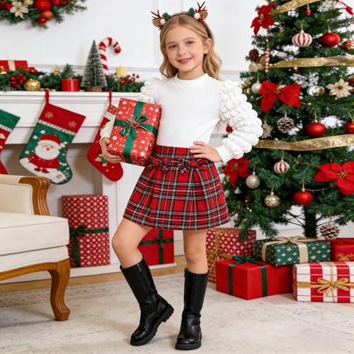 Image of Noubeau Toddler Girls Plaid Outfits Girls Puff Sleeve Knit Ribbed Shirt Tops Plaid Skirt Set Kids Fall Winter Clothes